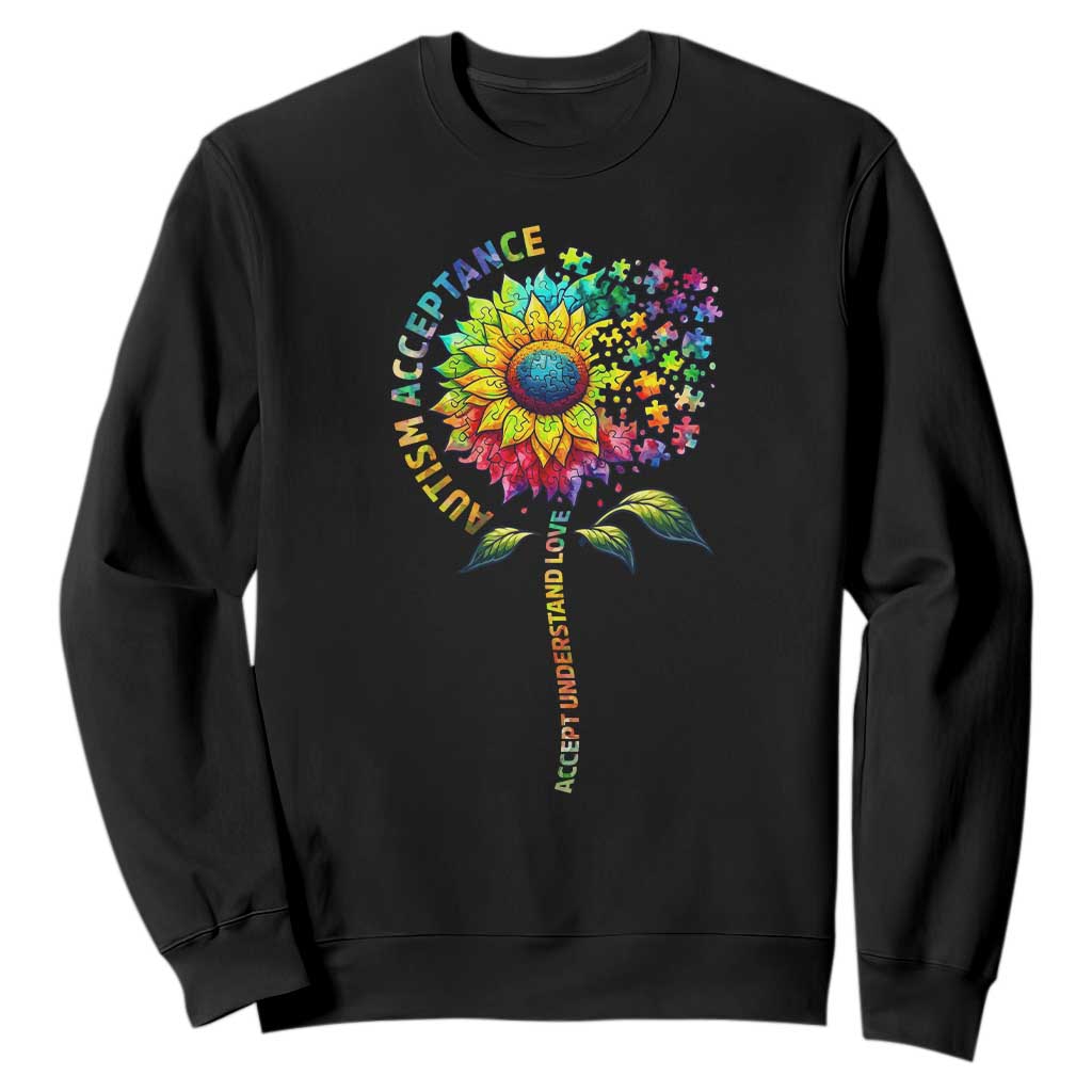 Autism Acceptance Sweatshirt Accept Understand Love Sunflower Puzzle TS14 Black Print Your Wear