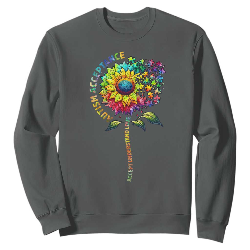 Autism Acceptance Sweatshirt Accept Understand Love Sunflower Puzzle TS14 Dark Heather Print Your Wear