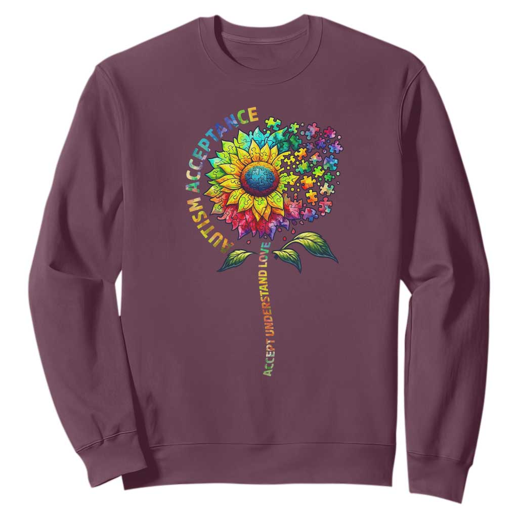 Autism Acceptance Sweatshirt Accept Understand Love Sunflower Puzzle TS14 Maroon Print Your Wear