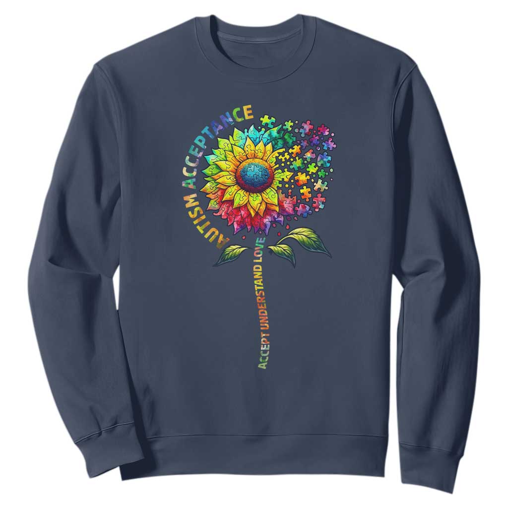 Autism Acceptance Sweatshirt Accept Understand Love Sunflower Puzzle TS14 Navy Print Your Wear
