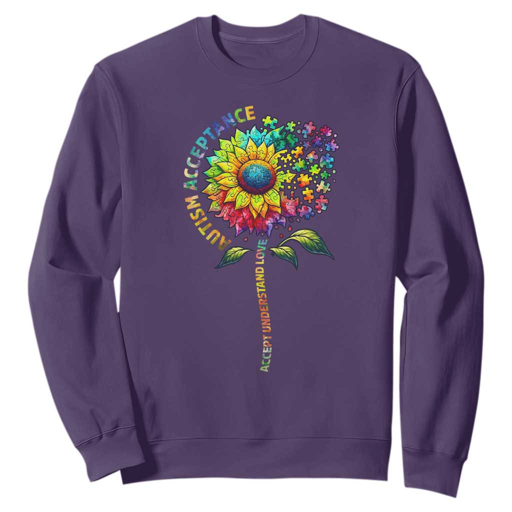 Autism Acceptance Sweatshirt Accept Understand Love Sunflower Puzzle TS14 Purple Print Your Wear