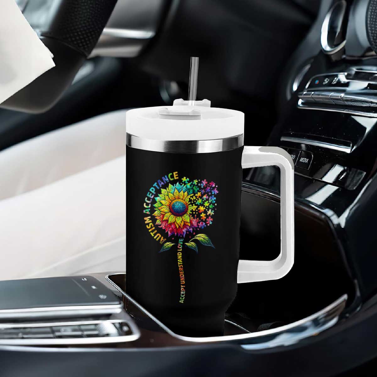 Autism Acceptance Tumbler With Handle Accept Understand Love Sunflower Puzzle TS14 Print Your Wear