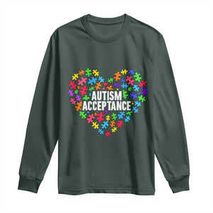 Autism Acceptance Long Sleeve Shirt Love Heart Puzzle Piece Gift TS14 Dark Forest Green Print Your Wear