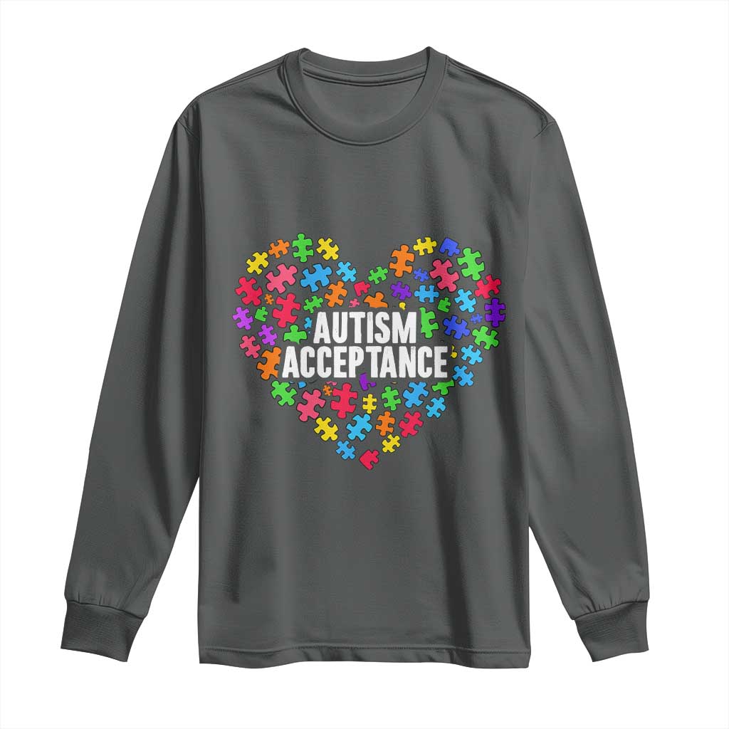 Autism Acceptance Long Sleeve Shirt Love Heart Puzzle Piece Gift TS14 Dark Heather Print Your Wear