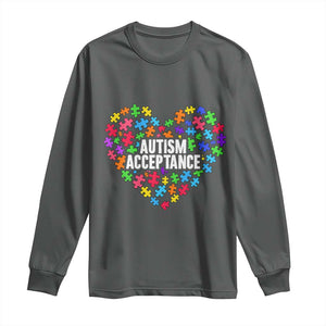 Autism Acceptance Long Sleeve Shirt Love Heart Puzzle Piece Gift TS14 Dark Heather Print Your Wear