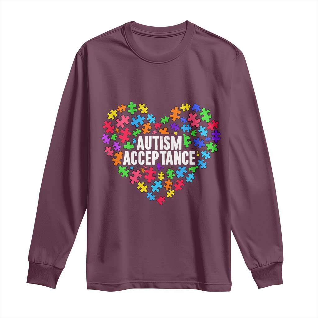 Autism Acceptance Long Sleeve Shirt Love Heart Puzzle Piece Gift TS14 Maroon Print Your Wear
