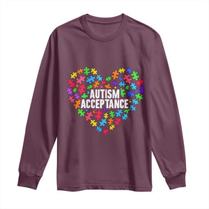 Autism Acceptance Long Sleeve Shirt Love Heart Puzzle Piece Gift TS14 Maroon Print Your Wear