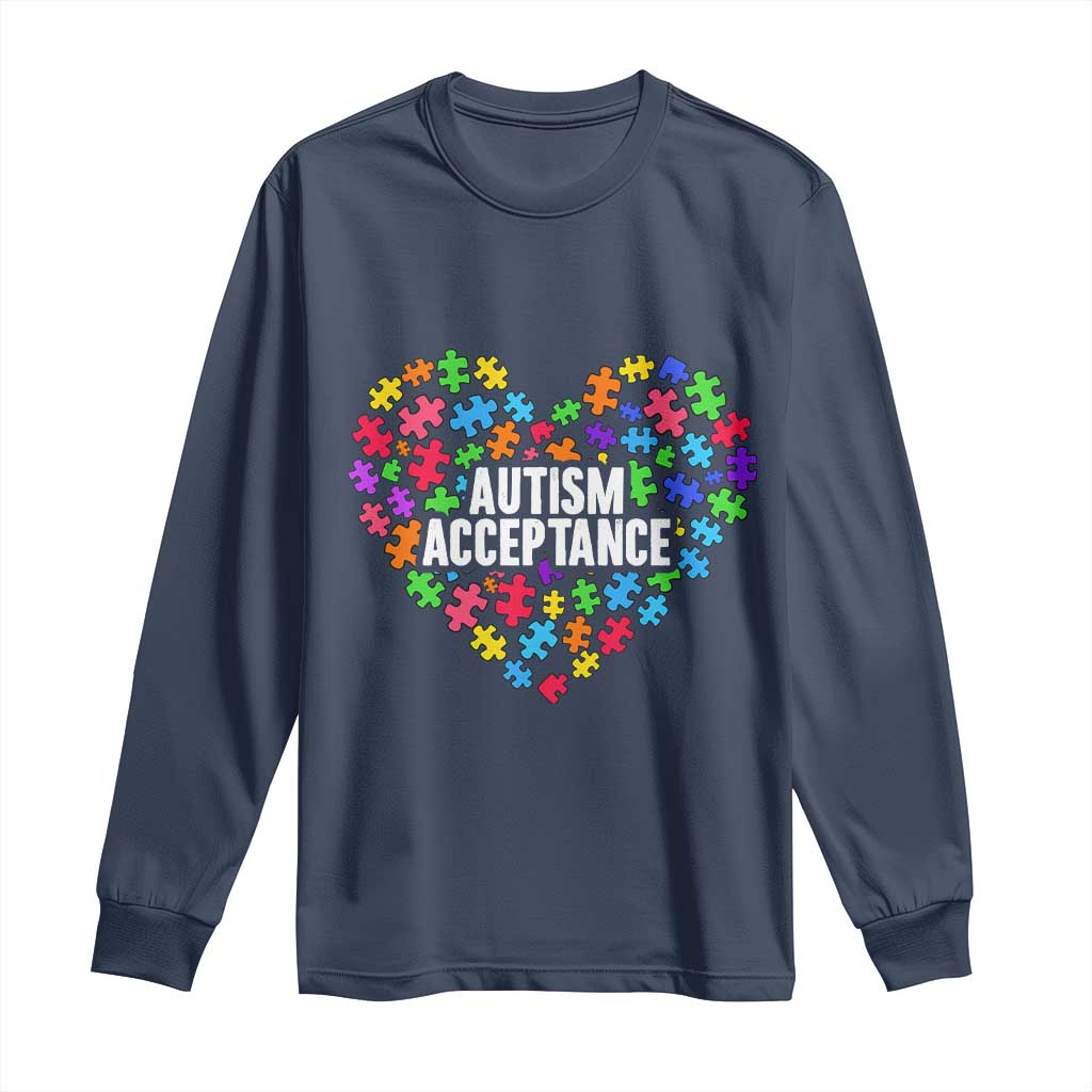 Autism Acceptance Long Sleeve Shirt Love Heart Puzzle Piece Gift TS14 Navy Print Your Wear
