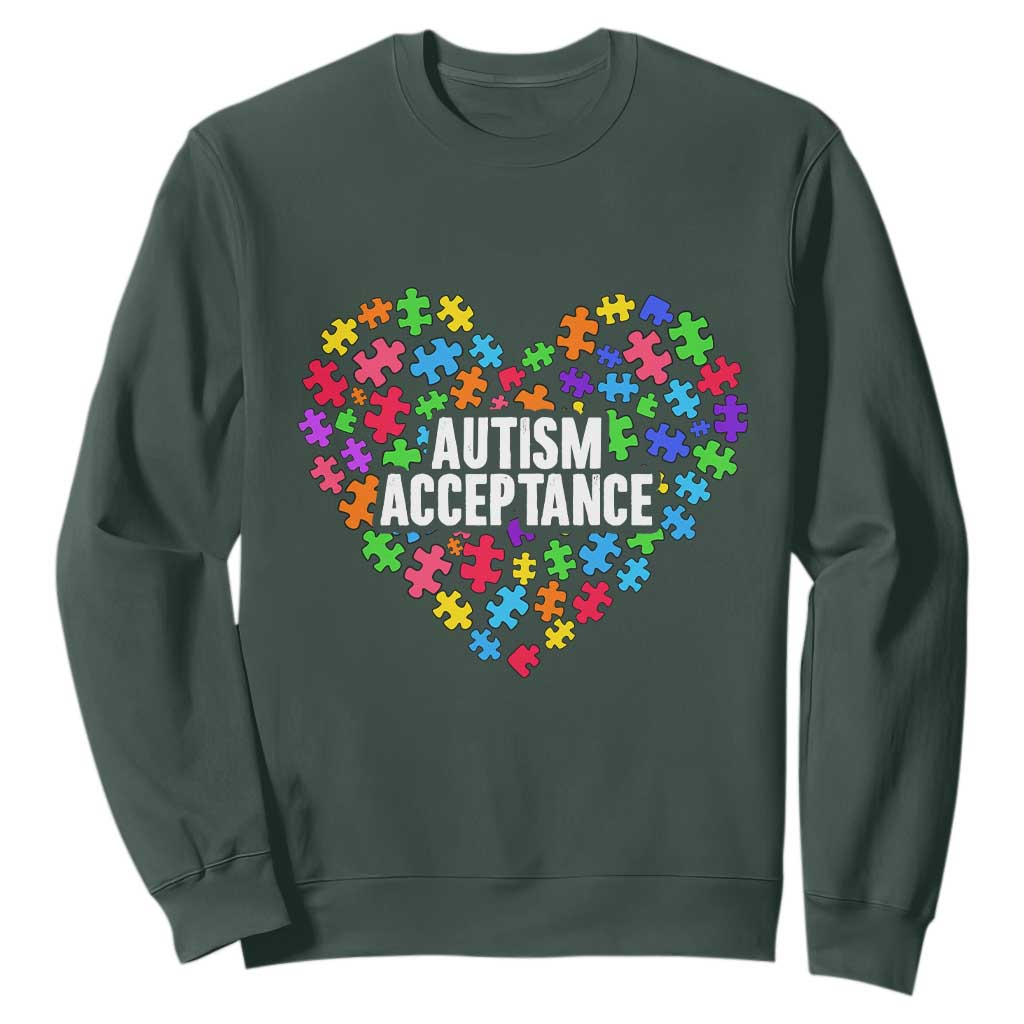 Autism Acceptance Sweatshirt Love Heart Puzzle Piece Gift TS14 Dark Forest Green Print Your Wear