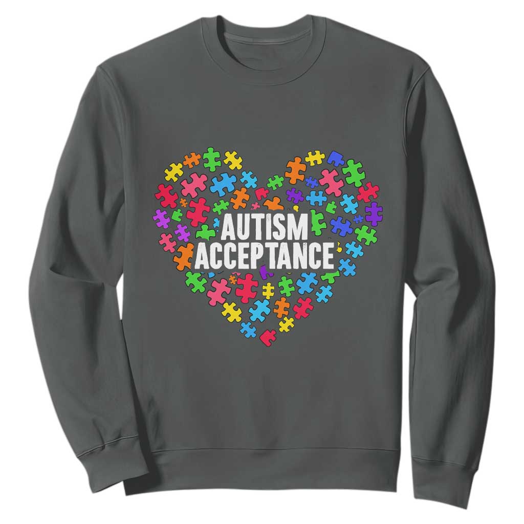 Autism Acceptance Sweatshirt Love Heart Puzzle Piece Gift TS14 Dark Heather Print Your Wear