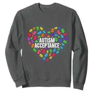 Autism Acceptance Sweatshirt Love Heart Puzzle Piece Gift TS14 Dark Heather Print Your Wear