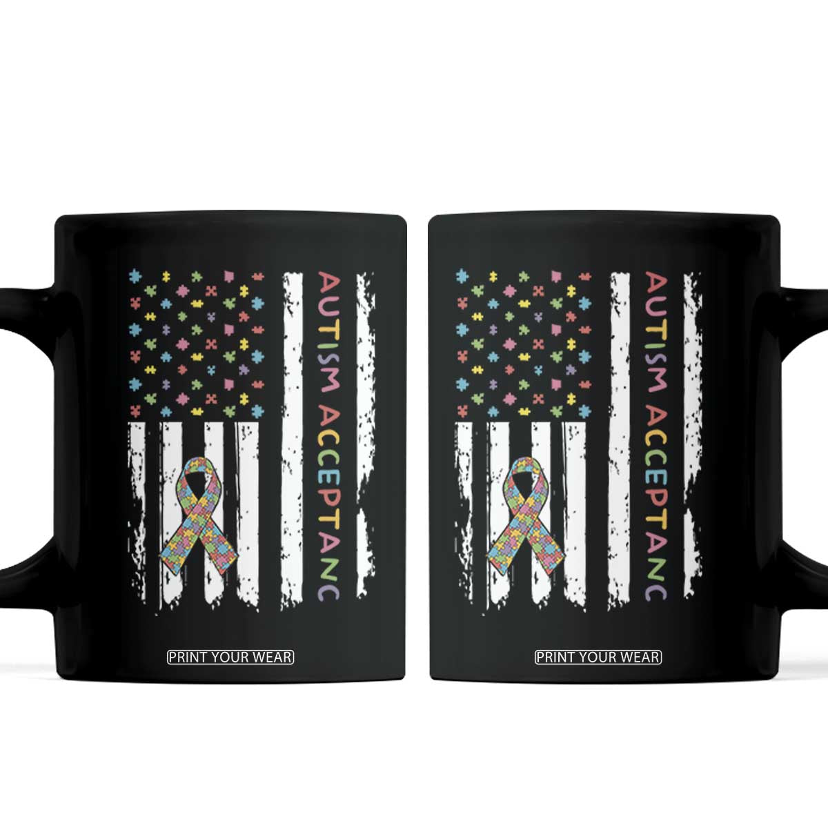 Autism Acceptance Coffee Mug American Flag Neurodivergent Support Ribbon Puzzle TS14 Black Print Your Wear