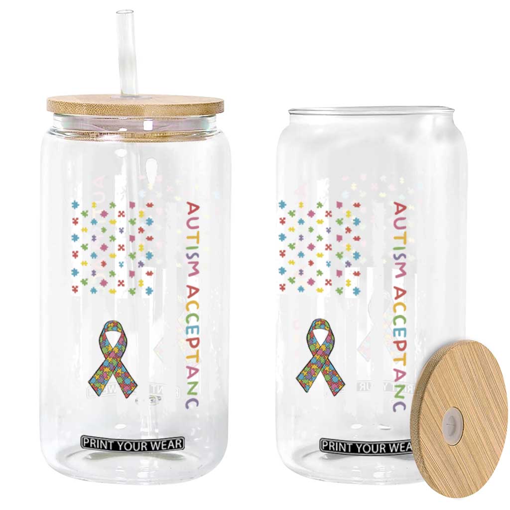 Autism Acceptance Glass Can American Flag Neurodivergent Support Ribbon Puzzle TS14 Print Your Wear
