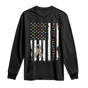Autism Acceptance Long Sleeve Shirt American Flag Neurodivergent Support Ribbon Puzzle TS14 Black Print Your Wear