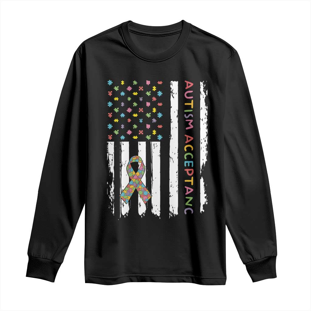 Autism Acceptance Long Sleeve Shirt American Flag Neurodivergent Support Ribbon Puzzle TS14 Black Print Your Wear