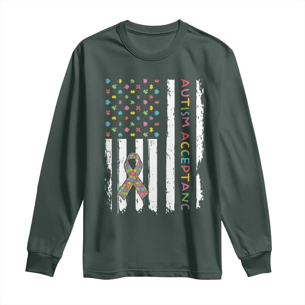 Autism Acceptance Long Sleeve Shirt American Flag Neurodivergent Support Ribbon Puzzle TS14 Dark Forest Green Print Your Wear