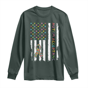 Autism Acceptance Long Sleeve Shirt American Flag Neurodivergent Support Ribbon Puzzle TS14 Dark Forest Green Print Your Wear