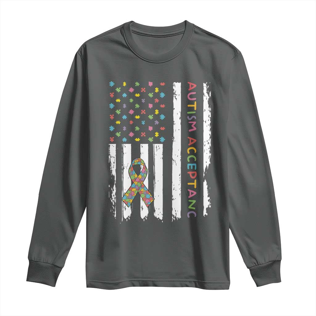 Autism Acceptance Long Sleeve Shirt American Flag Neurodivergent Support Ribbon Puzzle TS14 Dark Heather Print Your Wear
