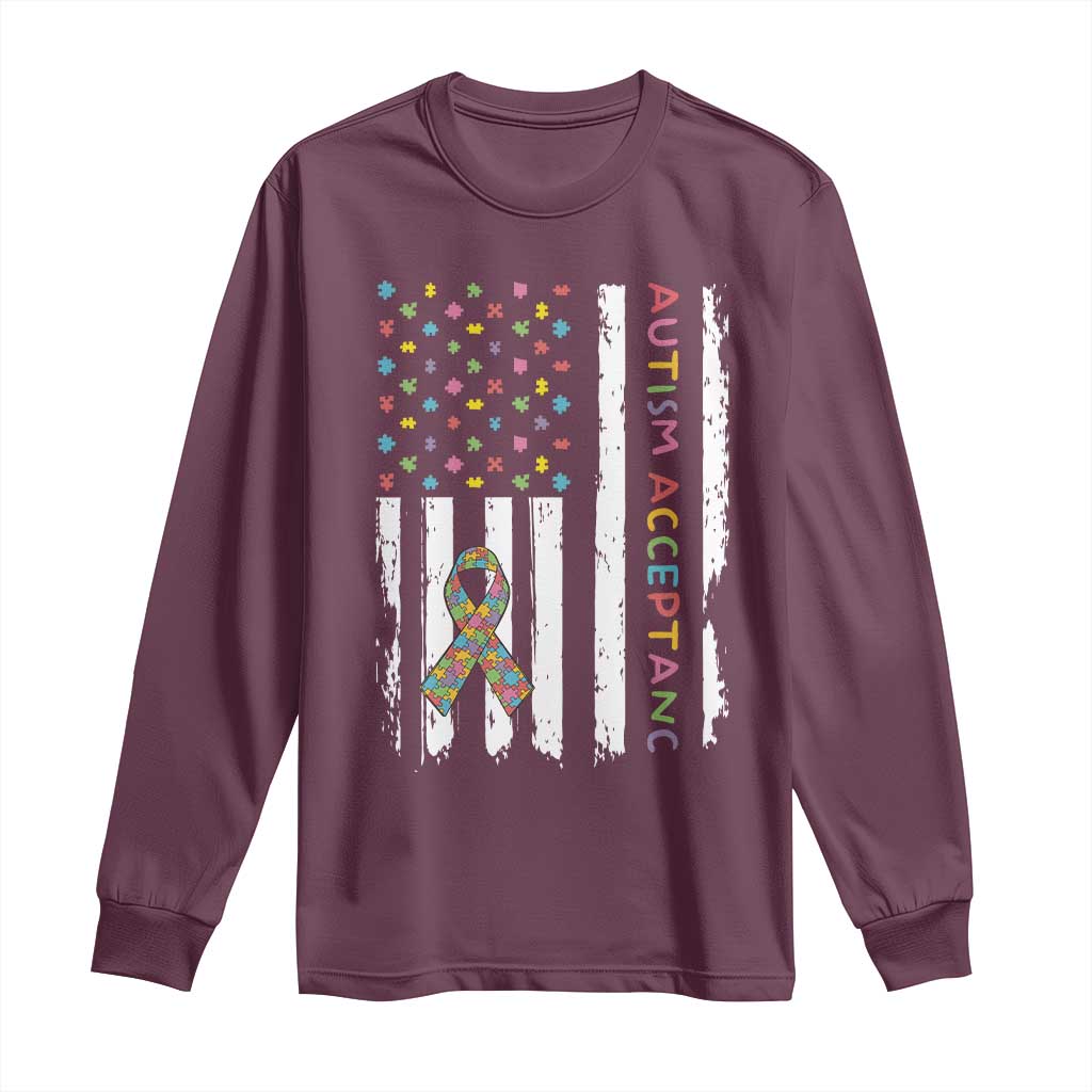 Autism Acceptance Long Sleeve Shirt American Flag Neurodivergent Support Ribbon Puzzle TS14 Maroon Print Your Wear