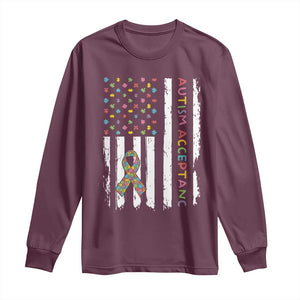 Autism Acceptance Long Sleeve Shirt American Flag Neurodivergent Support Ribbon Puzzle TS14 Maroon Print Your Wear