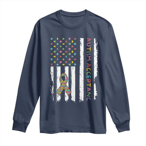 Autism Acceptance Long Sleeve Shirt American Flag Neurodivergent Support Ribbon Puzzle TS14 Navy Print Your Wear