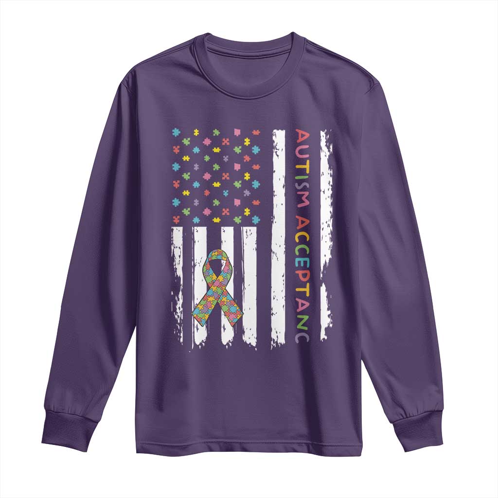Autism Acceptance Long Sleeve Shirt American Flag Neurodivergent Support Ribbon Puzzle TS14 Purple Print Your Wear