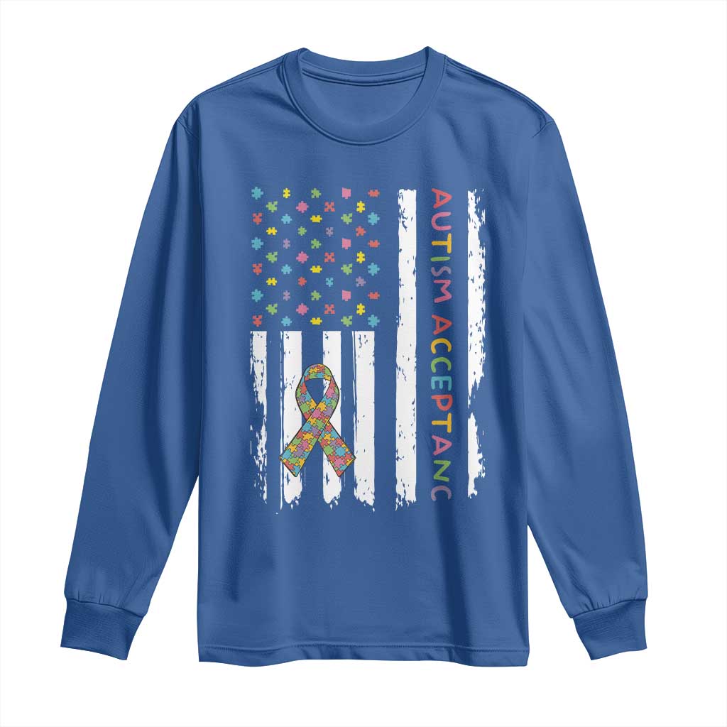 Autism Acceptance Long Sleeve Shirt American Flag Neurodivergent Support Ribbon Puzzle TS14 Royal Blue Print Your Wear