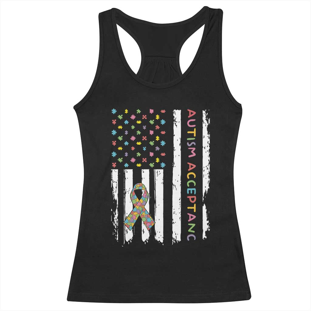 Autism Acceptance Racerback Tank Top American Flag Neurodivergent Support Ribbon Puzzle TS14 Black Print Your Wear