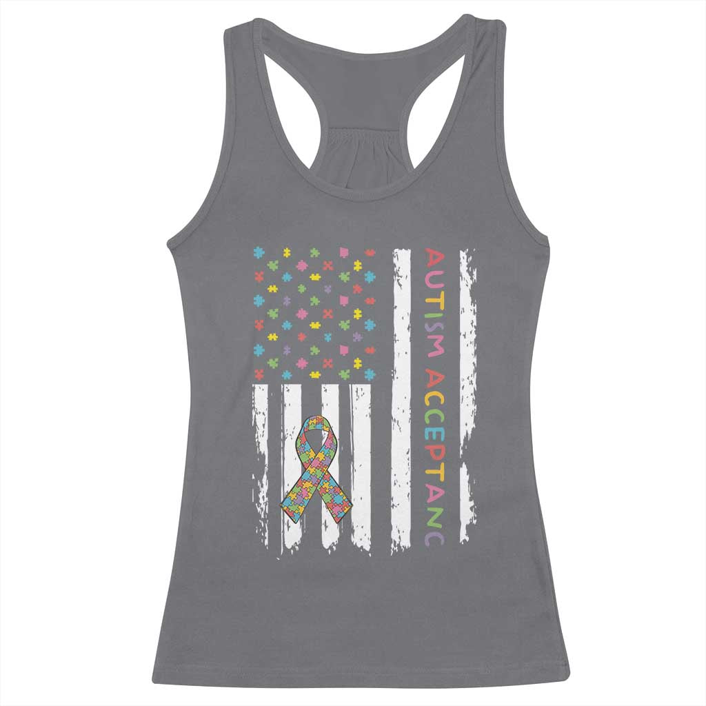 Autism Acceptance Racerback Tank Top American Flag Neurodivergent Support Ribbon Puzzle TS14 Charcoal Print Your Wear
