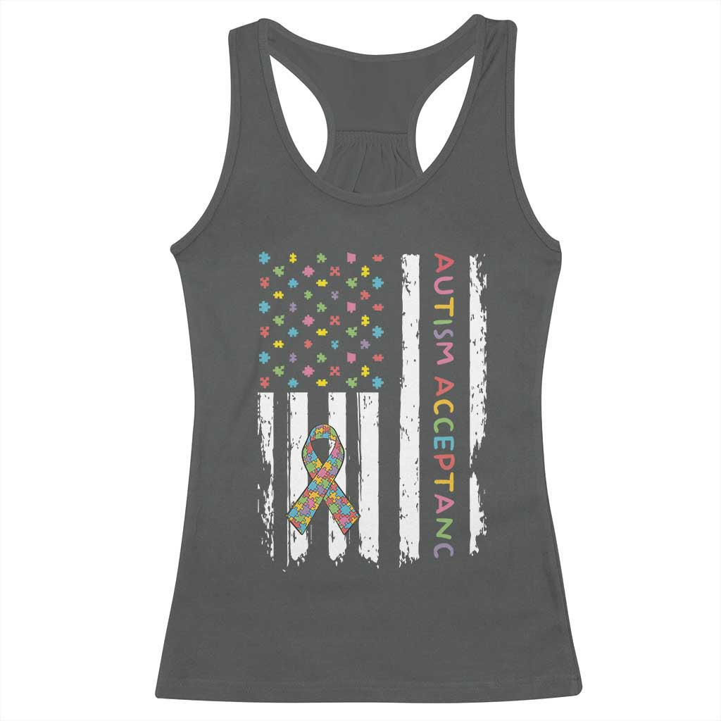 Autism Acceptance Racerback Tank Top American Flag Neurodivergent Support Ribbon Puzzle TS14 Dark Heather Print Your Wear