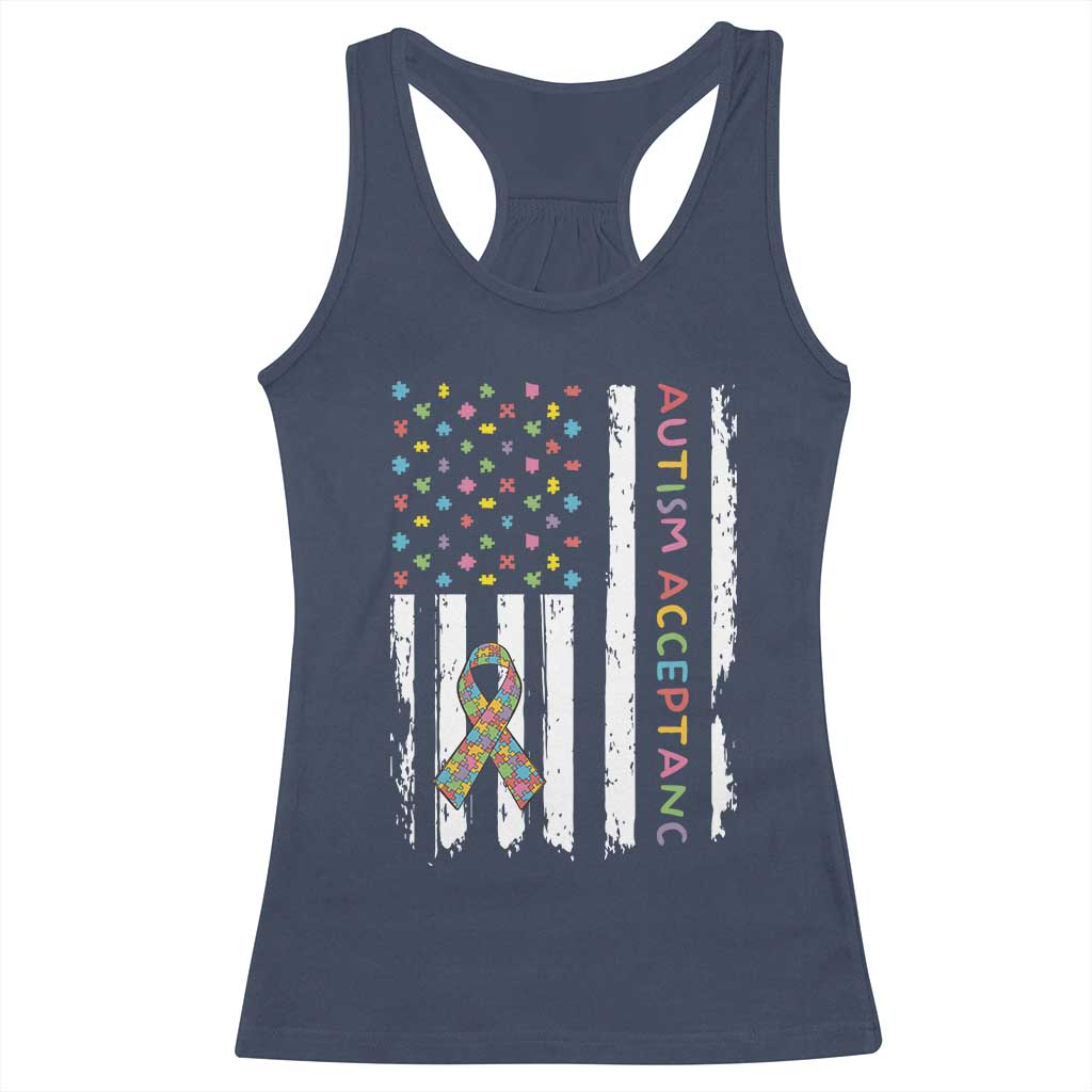 Autism Acceptance Racerback Tank Top American Flag Neurodivergent Support Ribbon Puzzle TS14 Navy Print Your Wear