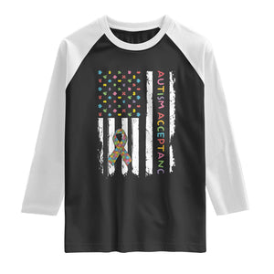 Autism Acceptance Raglan Shirt American Flag Neurodivergent Support Ribbon Puzzle TS14 Black White Print Your Wear