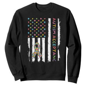 Autism Acceptance Sweatshirt American Flag Neurodivergent Support Ribbon Puzzle TS14 Black Print Your Wear