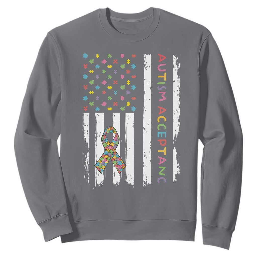 Autism Acceptance Sweatshirt American Flag Neurodivergent Support Ribbon Puzzle TS14 Charcoal Print Your Wear