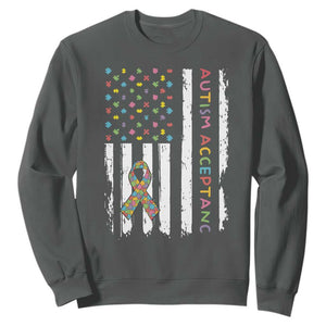 Autism Acceptance Sweatshirt American Flag Neurodivergent Support Ribbon Puzzle TS14 Dark Heather Print Your Wear