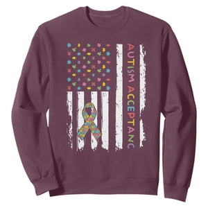 Autism Acceptance Sweatshirt American Flag Neurodivergent Support Ribbon Puzzle TS14 Maroon Print Your Wear