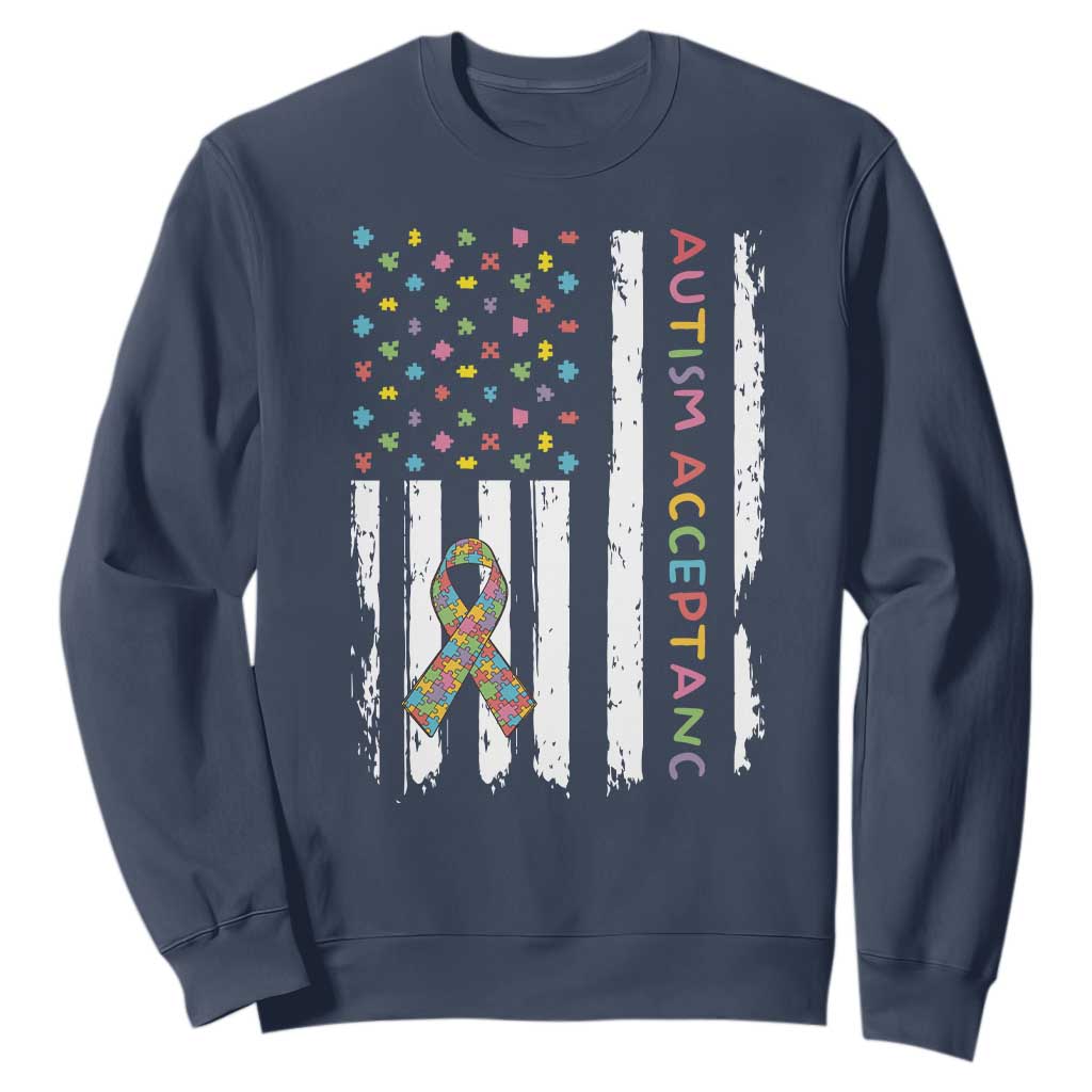 Autism Acceptance Sweatshirt American Flag Neurodivergent Support Ribbon Puzzle TS14 Navy Print Your Wear