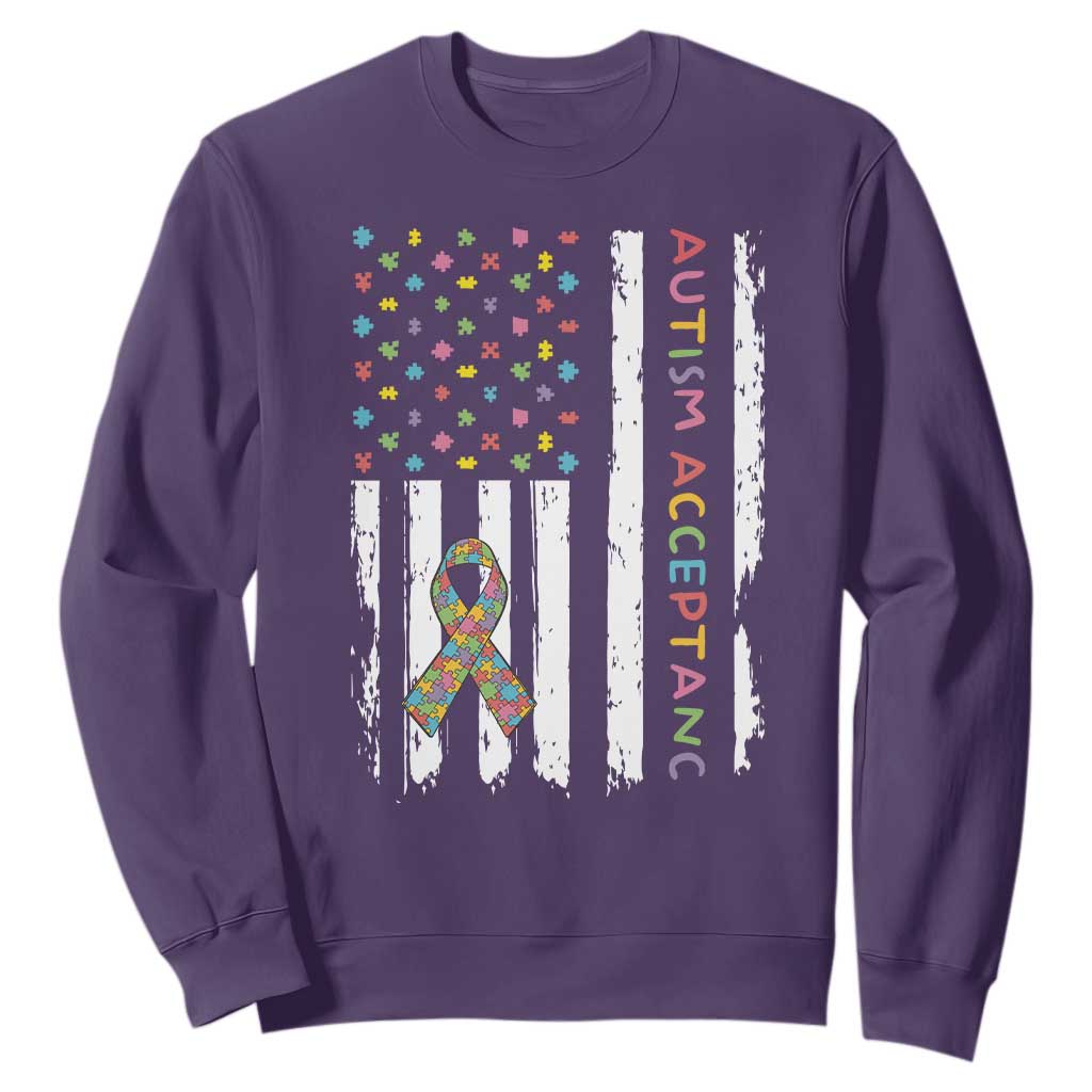 Autism Acceptance Sweatshirt American Flag Neurodivergent Support Ribbon Puzzle TS14 Purple Print Your Wear