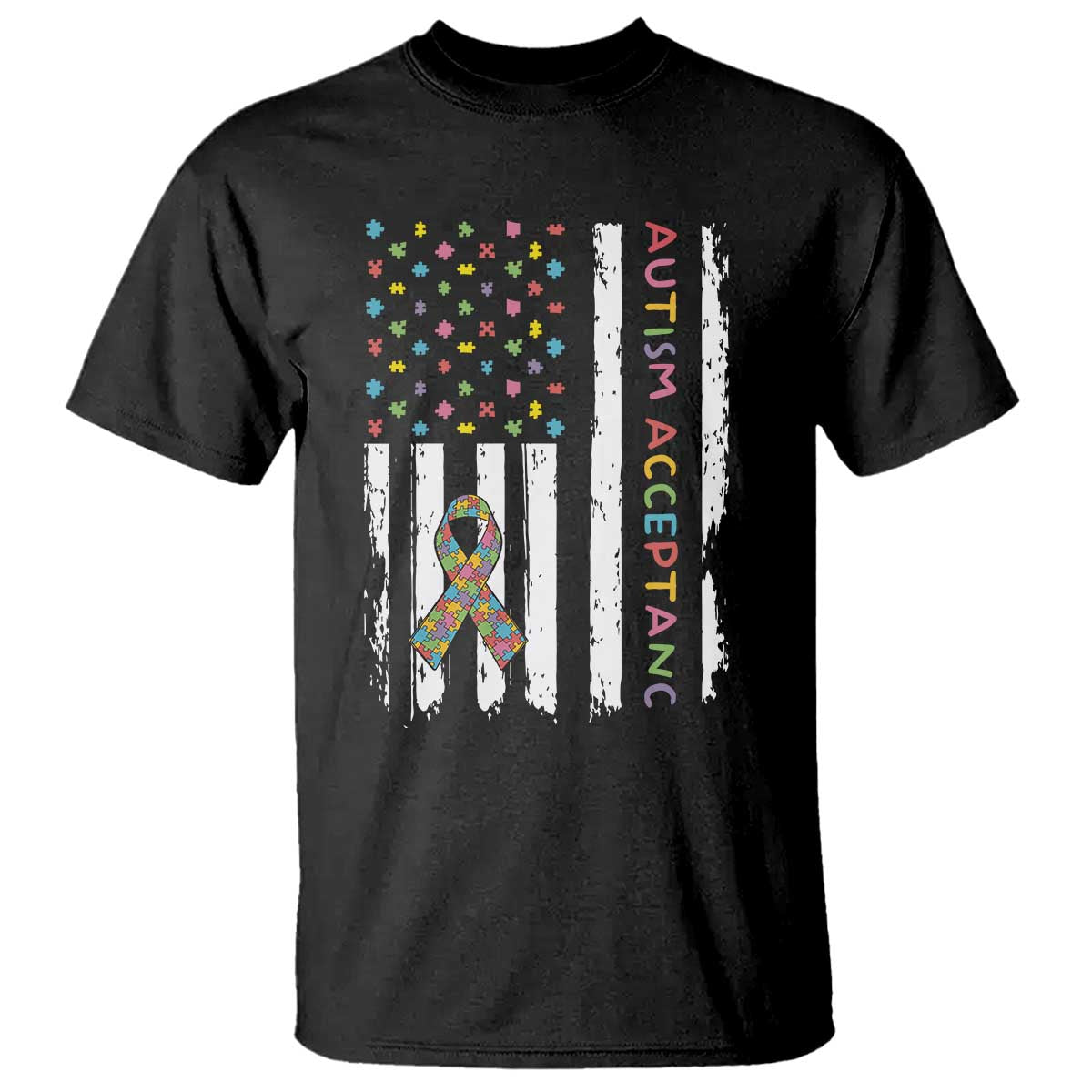 Autism Acceptance T Shirt American Flag Neurodivergent Support Ribbon Puzzle TS14 Black Print Your Wear