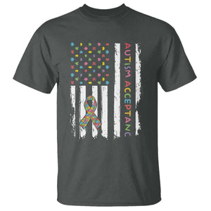 Autism Acceptance T Shirt American Flag Neurodivergent Support Ribbon Puzzle TS14 Dark Heather Print Your Wear