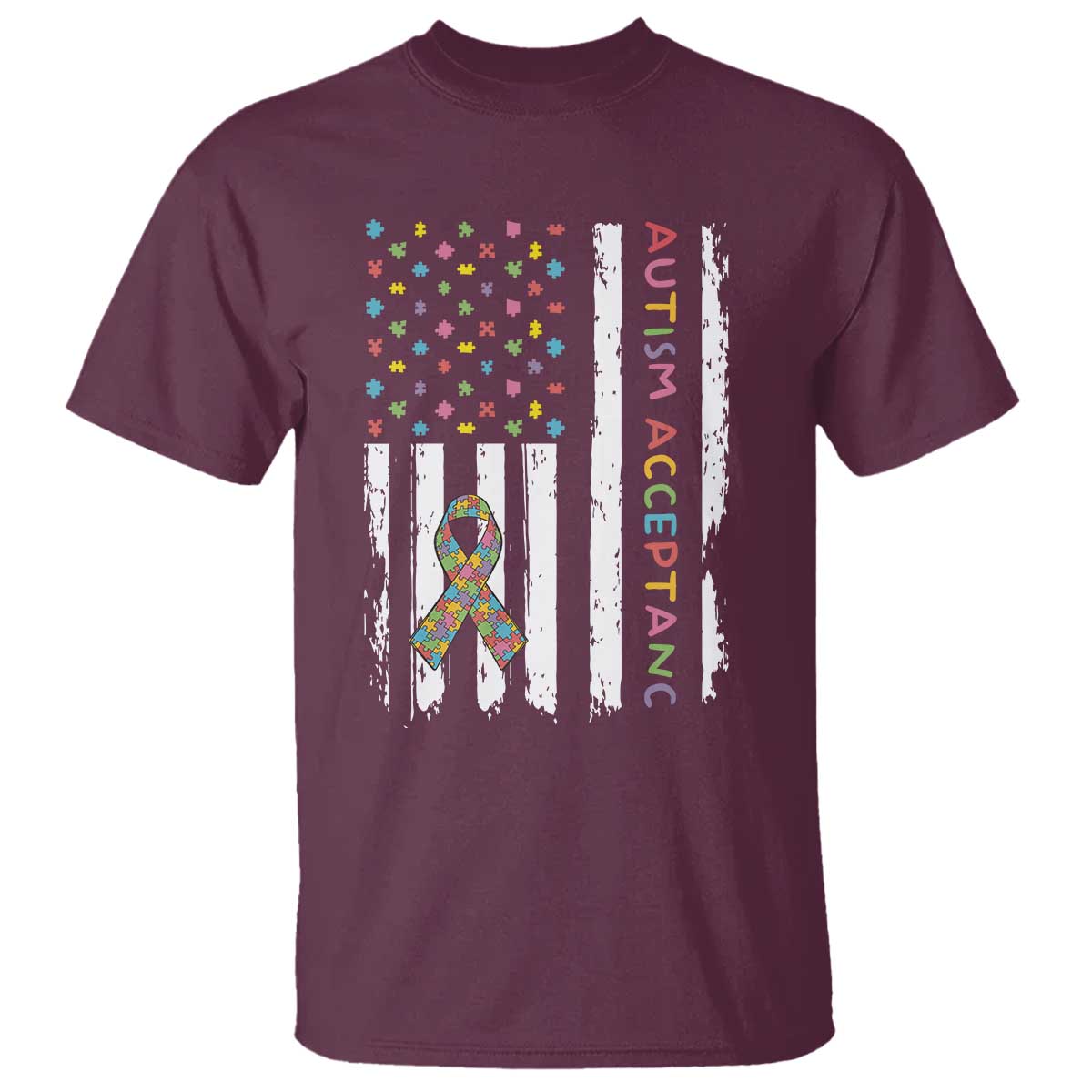 Autism Acceptance T Shirt American Flag Neurodivergent Support Ribbon Puzzle TS14 Maroon Print Your Wear