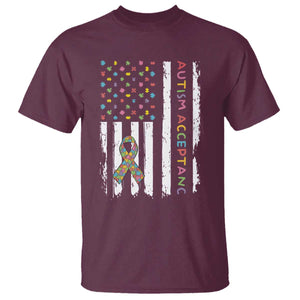 Autism Acceptance T Shirt American Flag Neurodivergent Support Ribbon Puzzle TS14 Maroon Print Your Wear