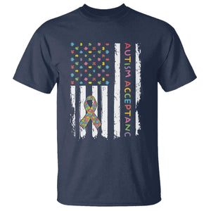 Autism Acceptance T Shirt American Flag Neurodivergent Support Ribbon Puzzle TS14 Navy Print Your Wear