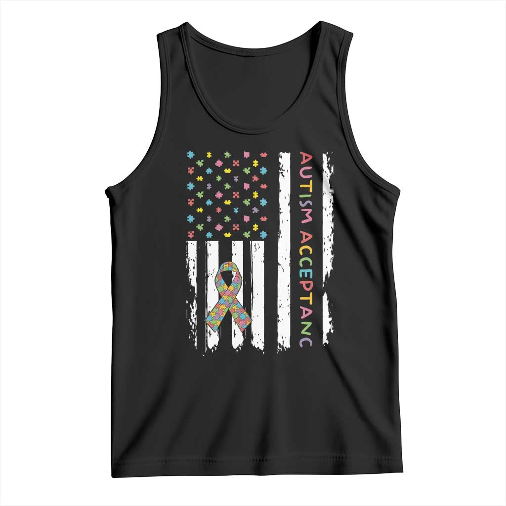 Autism Acceptance Tank Top American Flag Neurodivergent Support Ribbon Puzzle TS14 Black Print Your Wear