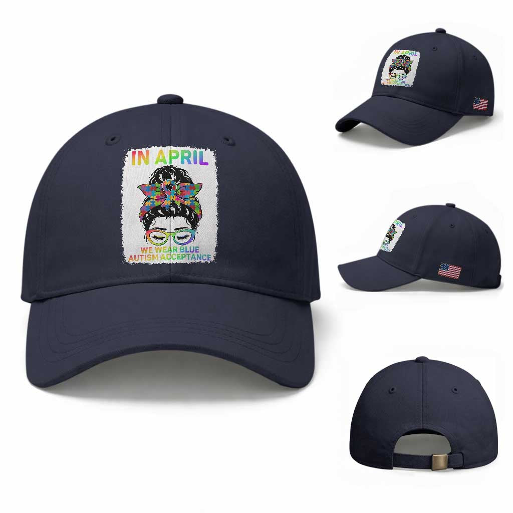 Autism Acceptance Baseball Cap Neurodivergent Support Messy Bun Ribbon Puzzle TS14 Baseball Cap Universal Fit Navy Print Your Wear