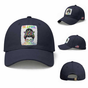 Autism Acceptance Baseball Cap Neurodivergent Support Messy Bun Ribbon Puzzle TS14 Baseball Cap Universal Fit Navy Print Your Wear