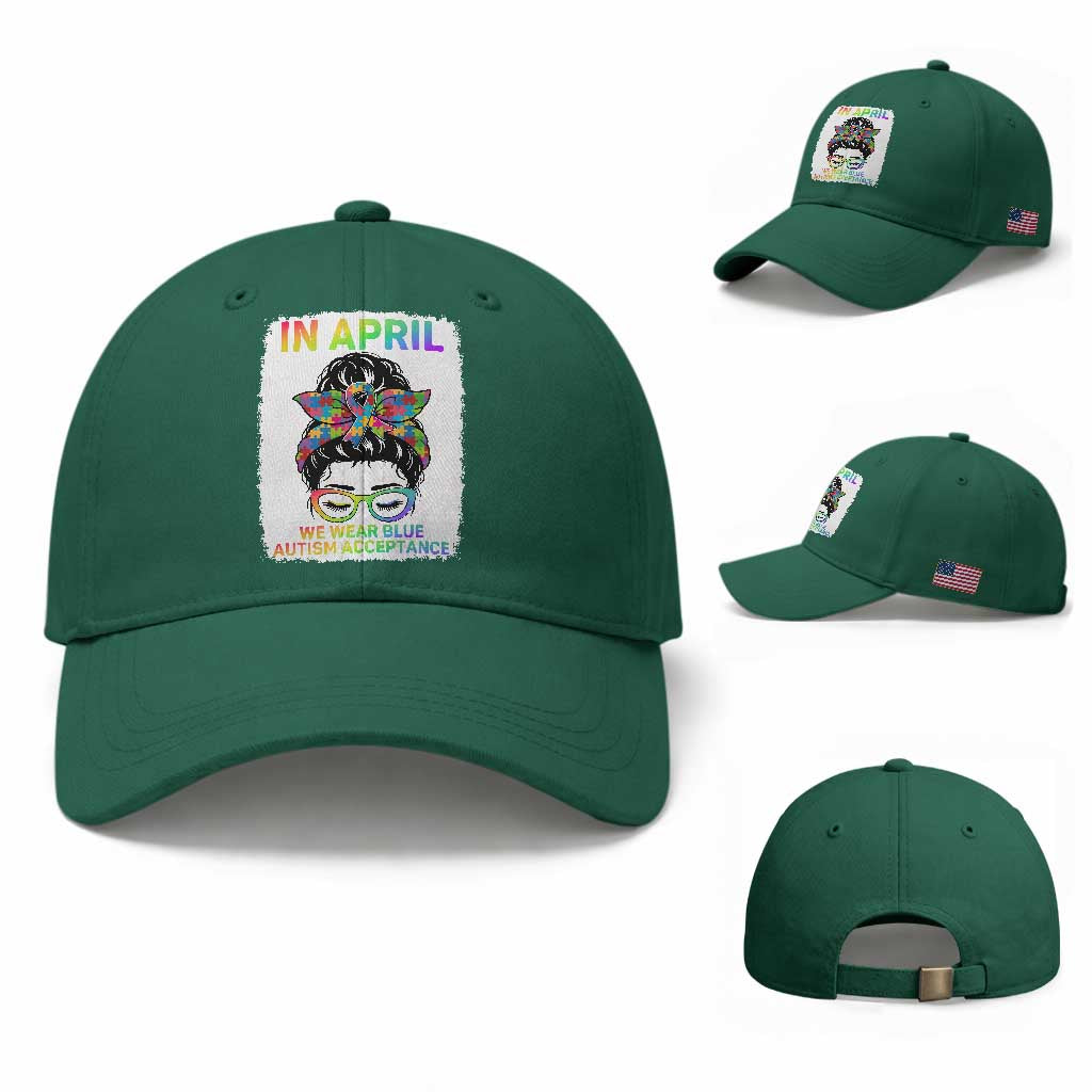 Autism Acceptance Baseball Cap Neurodivergent Support Messy Bun Ribbon Puzzle TS14 Baseball Cap Universal Fit Irish Green Print Your Wear