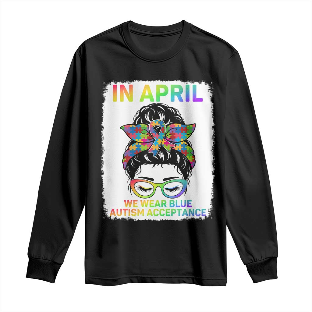 Autism Acceptance Long Sleeve Shirt Neurodivergent Support Messy Bun Ribbon Puzzle TS14 Black Print Your Wear