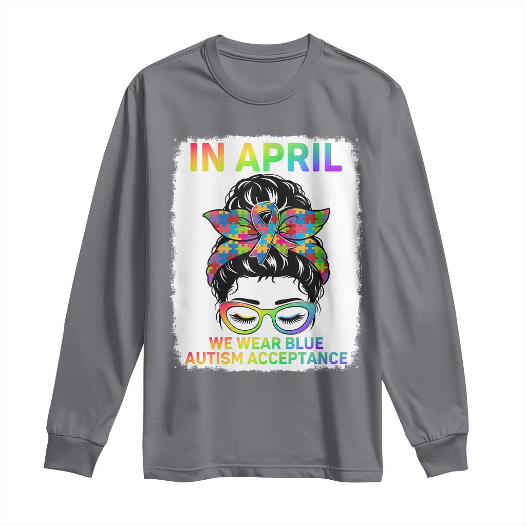 Autism Acceptance Long Sleeve Shirt Neurodivergent Support Messy Bun Ribbon Puzzle TS14 Charcoal Print Your Wear