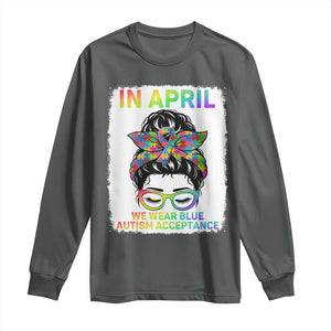 Autism Acceptance Long Sleeve Shirt Neurodivergent Support Messy Bun Ribbon Puzzle TS14 Dark Heather Print Your Wear